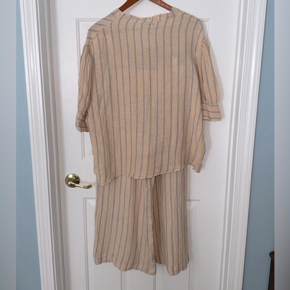 Stark X vintage beige blue striped 100% linen Joey top/ankle pant set M/XL - Picture 3 of 10